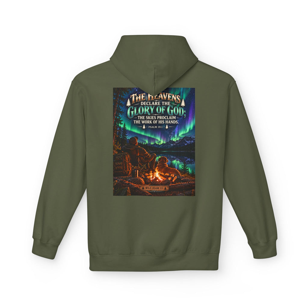 Men's Wilderness Campfire Hoodie — "The Heavens Declare" Scenic Christian Adventure Pullover