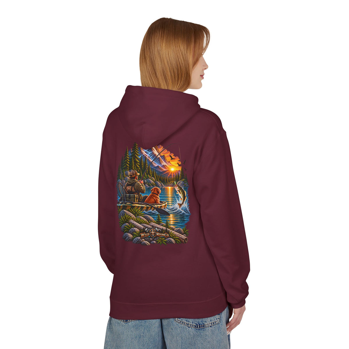 Wild Roam Co. Scenic Adventure Hoodie — "Wild Roam" Mountain & Lake Graphic