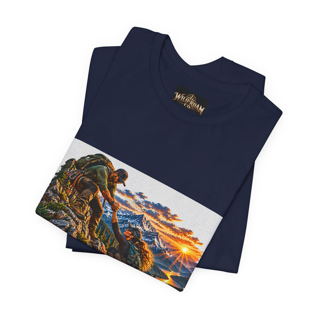 Couple Helping Hand Graphic Tee — Wild Roam Co. Mountain Climber Sunset T‑Shirt