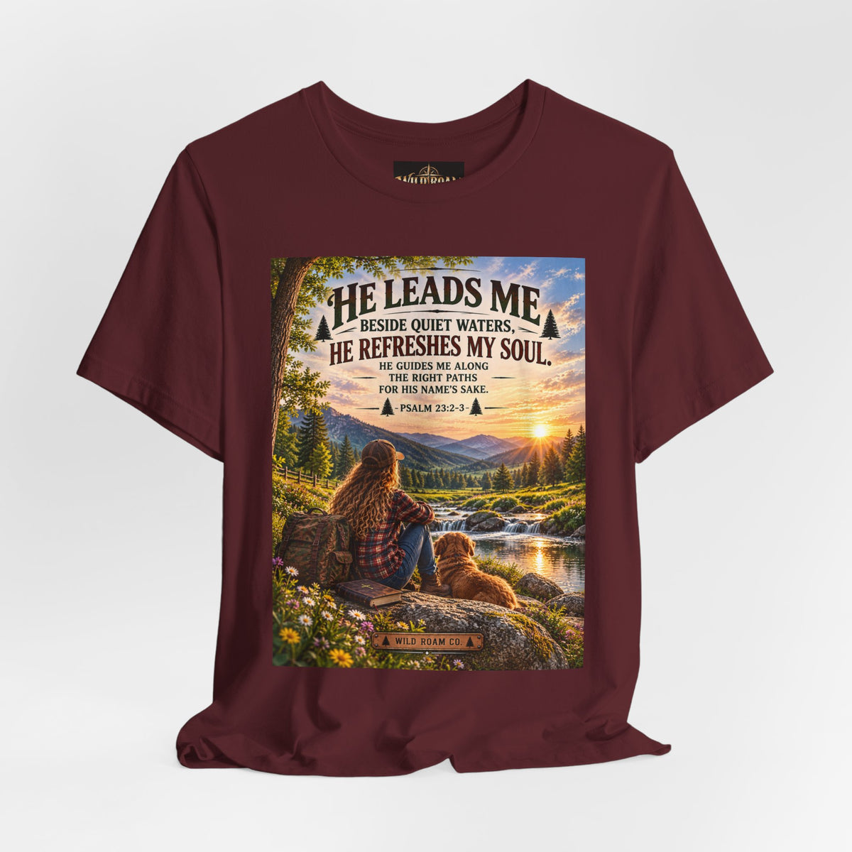 Women's He Leads Me T-Shirt — Christian Nature Faith Tee with Psalm 23 Sunset Scene