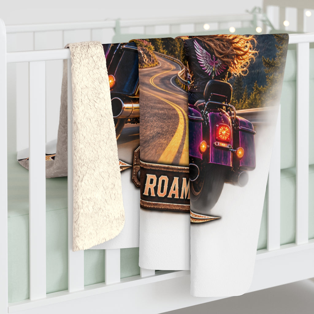 Sherpa Fleece Blanket — "Wild & Free to Roam" Motorcycle Adventure Throw