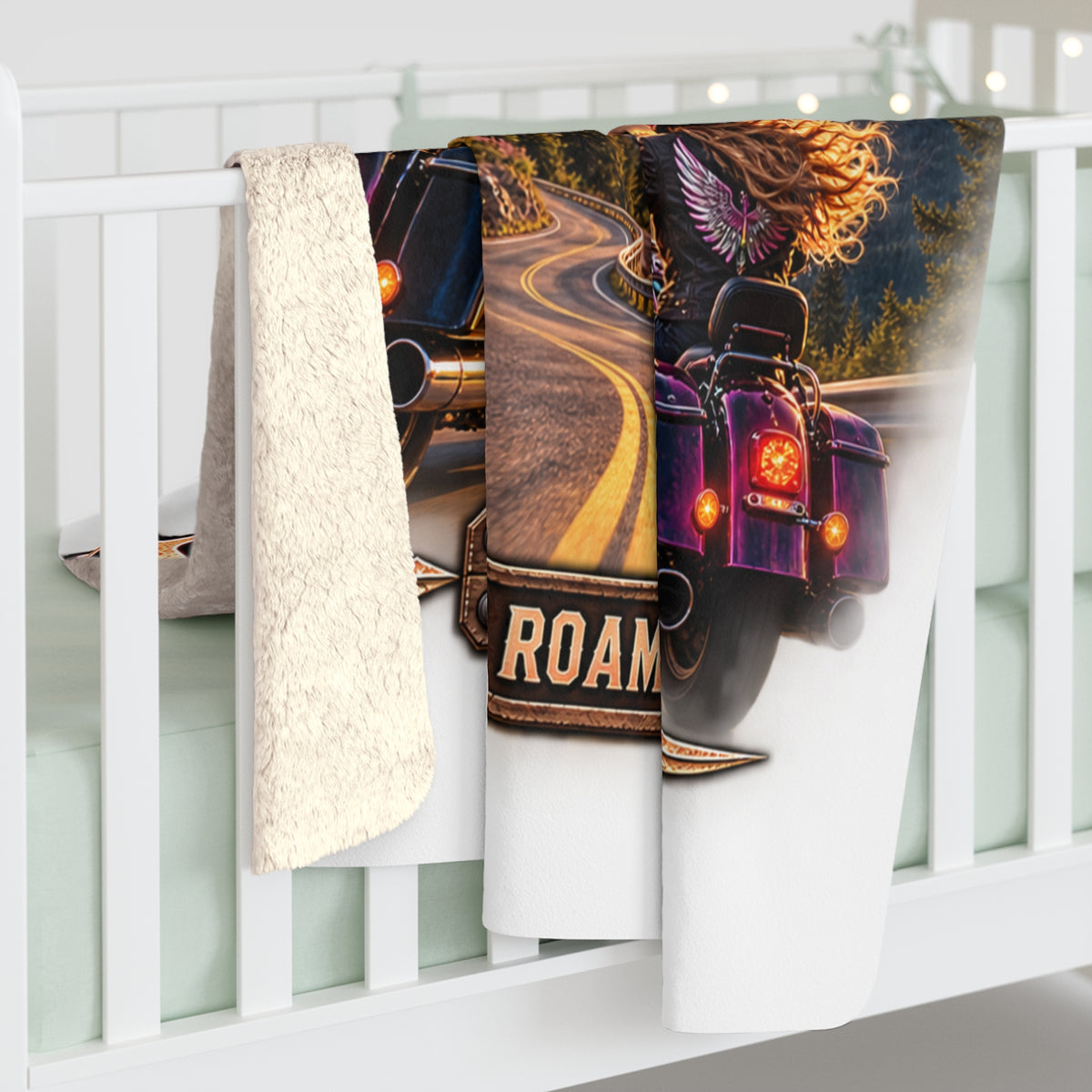 Sherpa Fleece Blanket — "Wild & Free to Roam" Motorcycle Adventure Throw