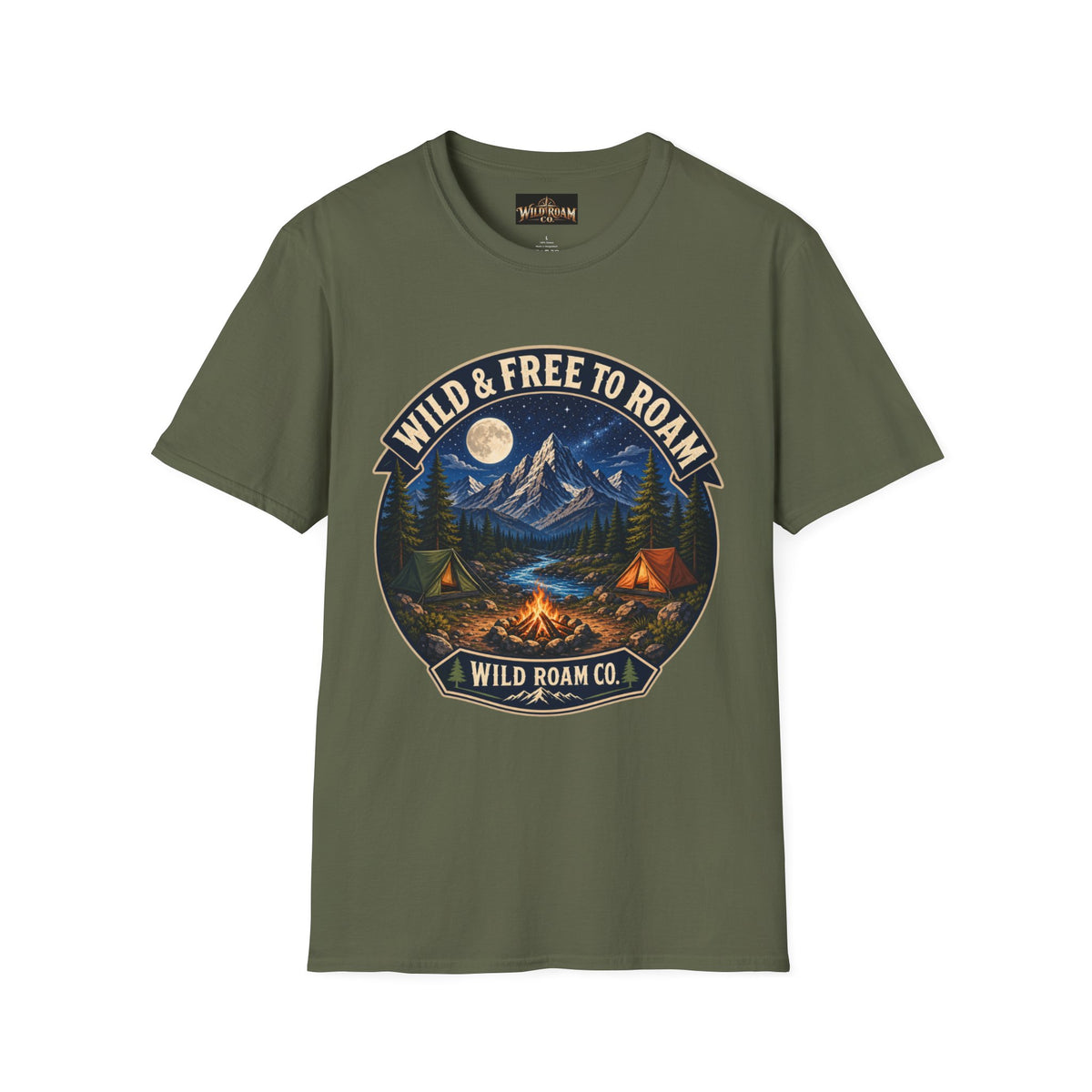 Camping T-Shirt — "Wild & Free to Roam" Mountain Campfire Graphic