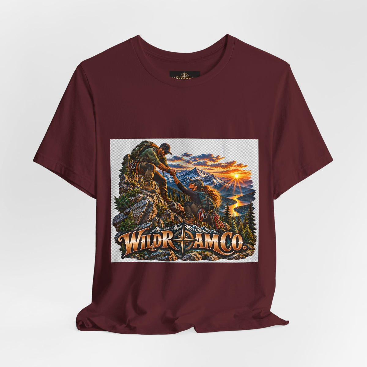 Couple Helping Hand Graphic Tee — Wild Roam Co. Mountain Climber Sunset T‑Shirt
