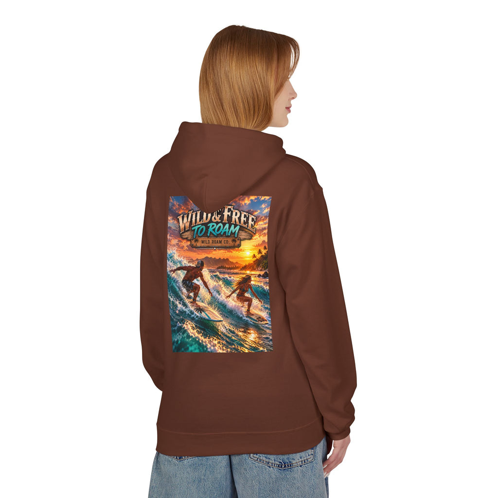 Surf Adventure Hoodie — "Wild & Free to Roam" Sunset Surf Graphic