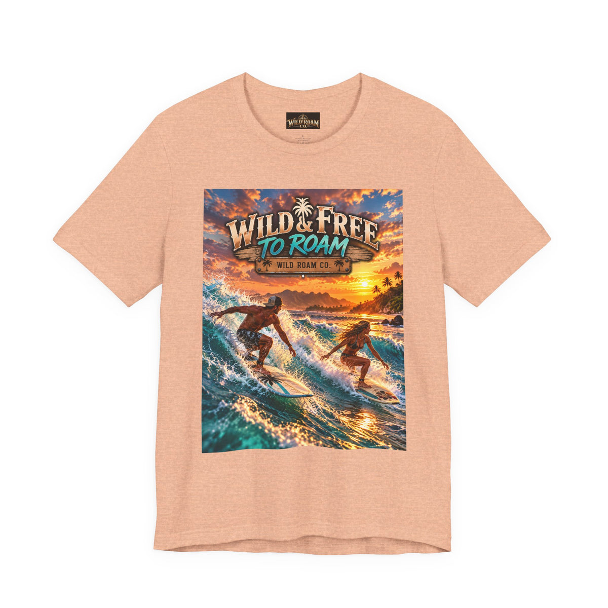 Surfing Sunset T‑Shirt — "Wild & Free to Roam" Beach Graphic Tee
