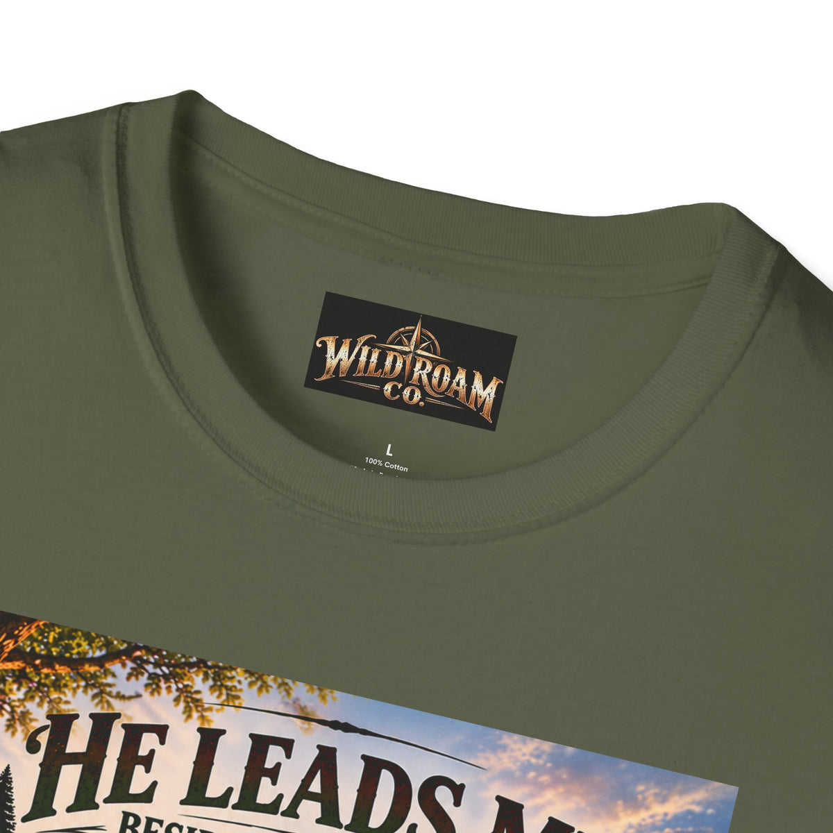 Men's He Leads Me Psalm 23 Scenic T-Shirt — Christian Faith Outdoors Graphic Tee