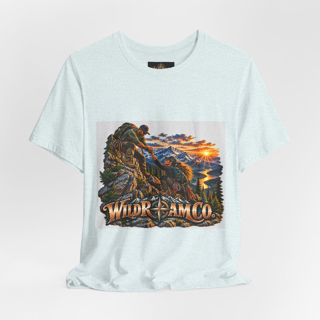Couple Helping Hand Graphic Tee — Wild Roam Co. Mountain Climber Sunset T‑Shirt