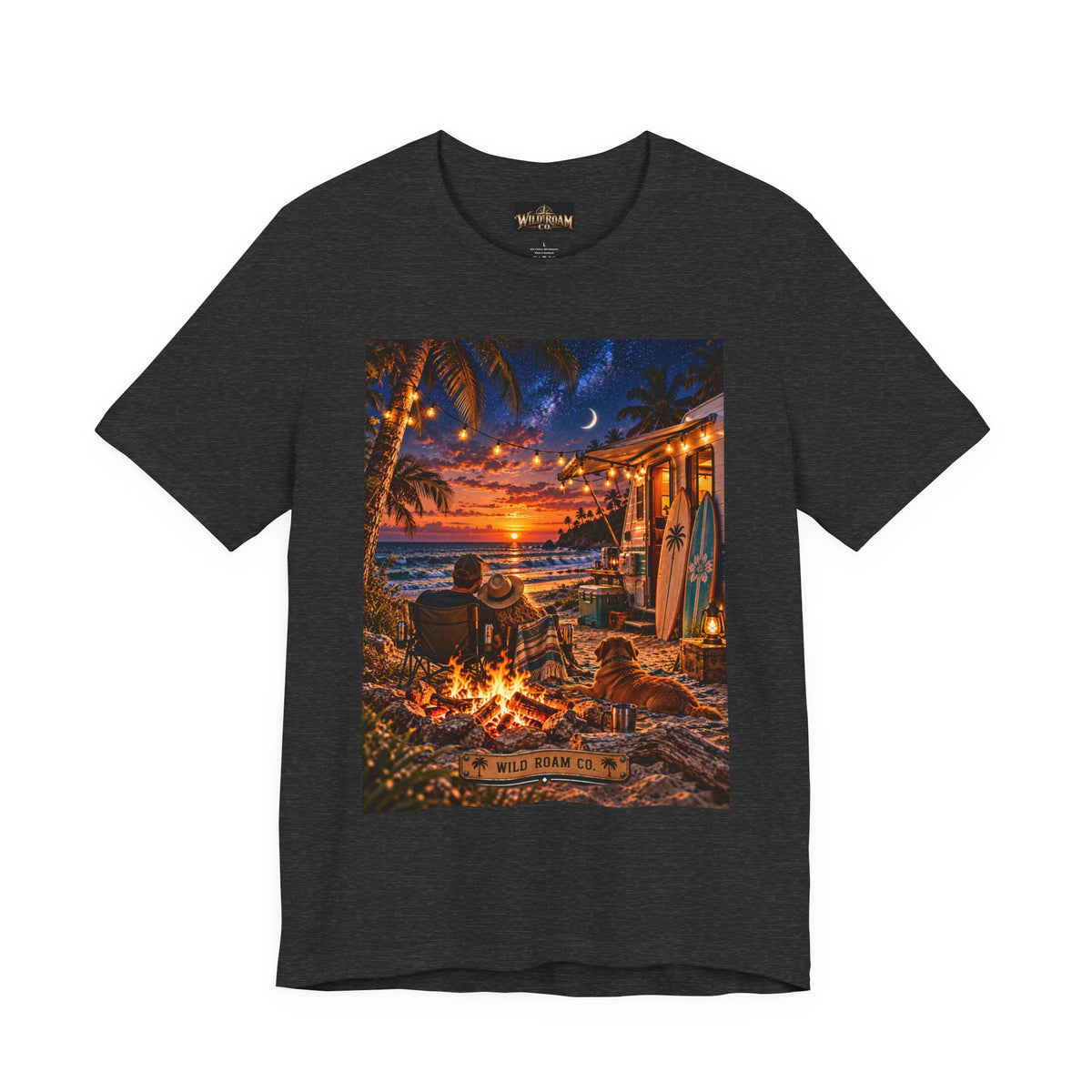 Beach Bonfire Sunset T-Shirt — Surfboard Campfire Coastal Graphic Tee