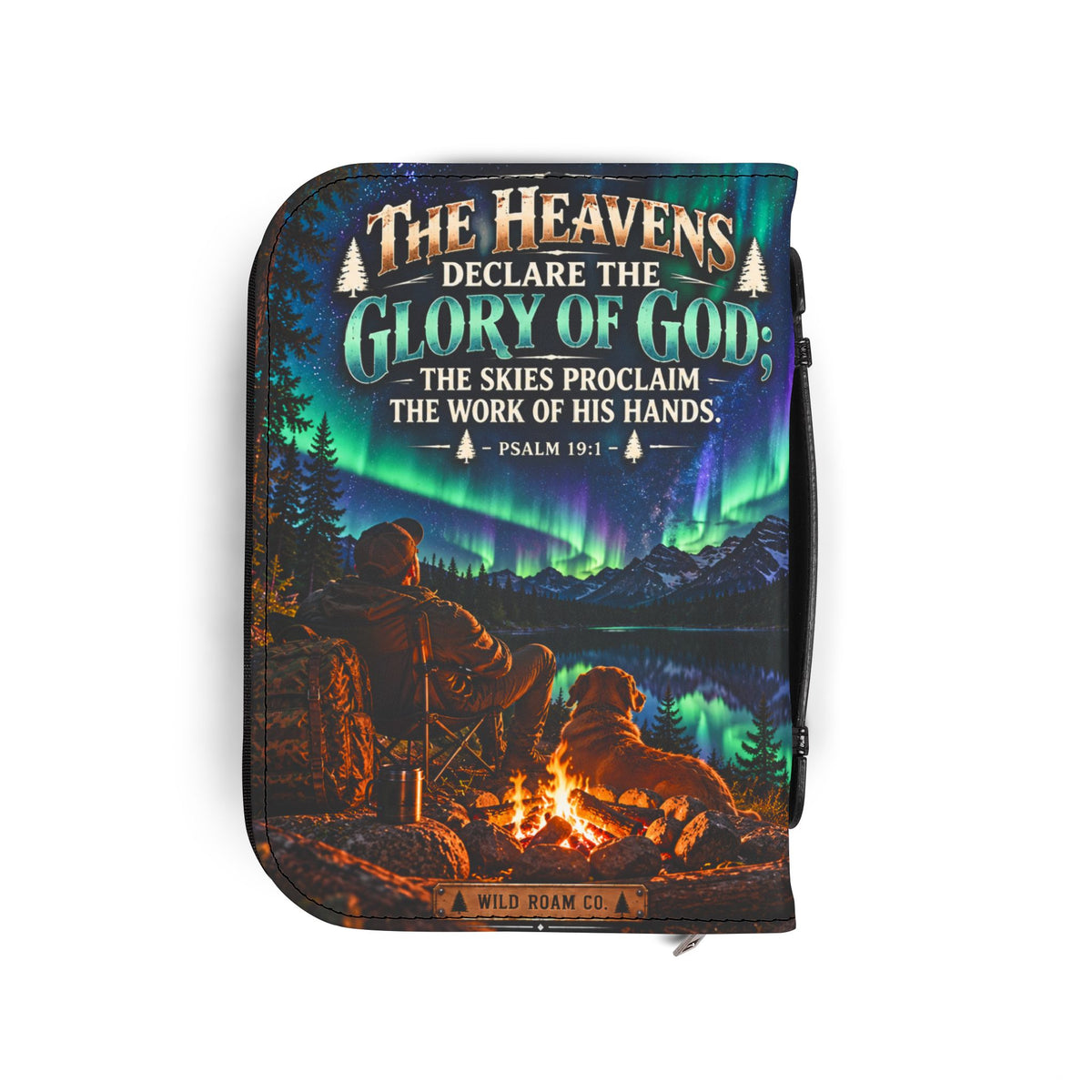 Men's Bible Cover — "The Heavens Declare the Glory of God" Psalm 19:1 Northern Lights Camping Design