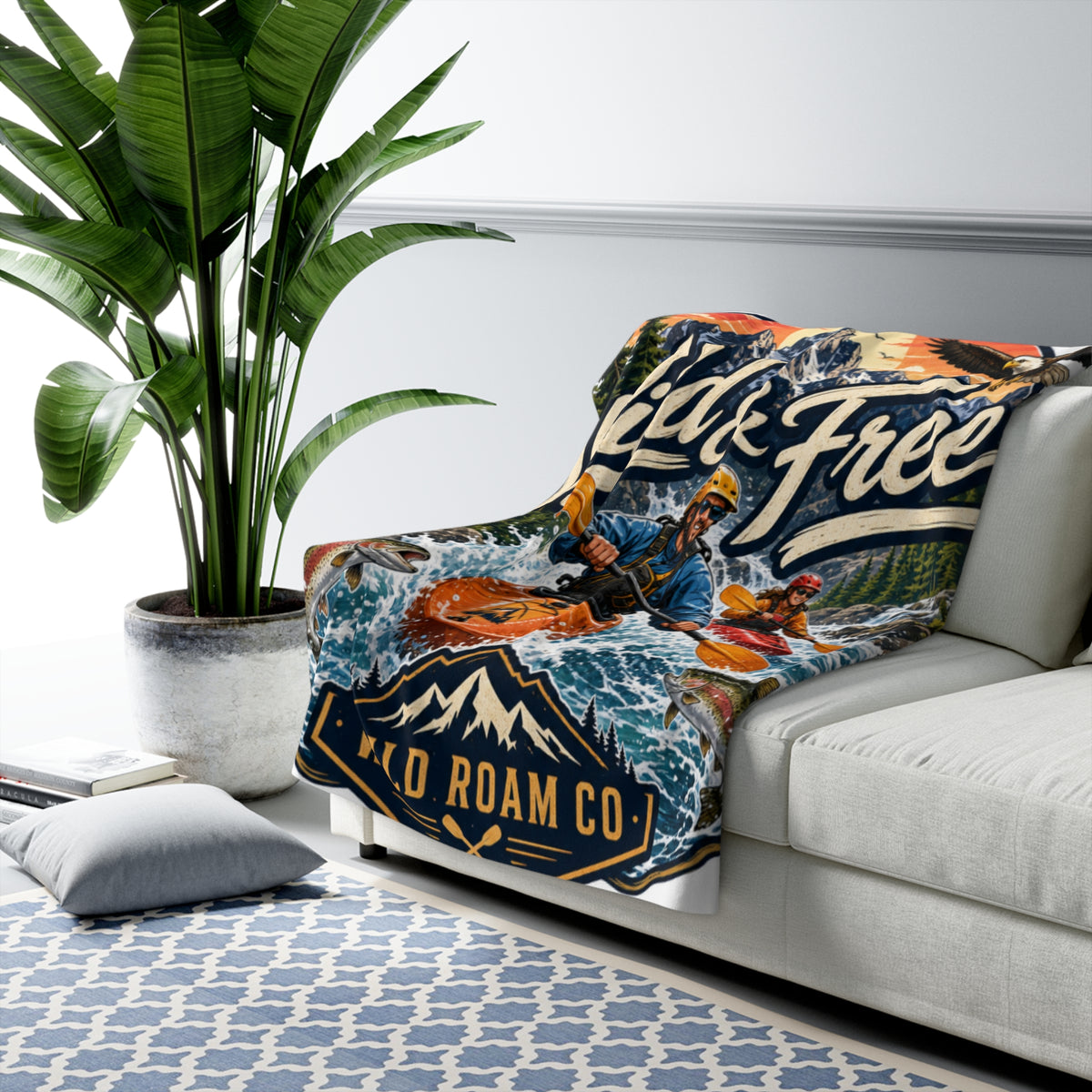 Sherpa Fleece Blanket — "Wild & Free" Kayaking Adventure Throw