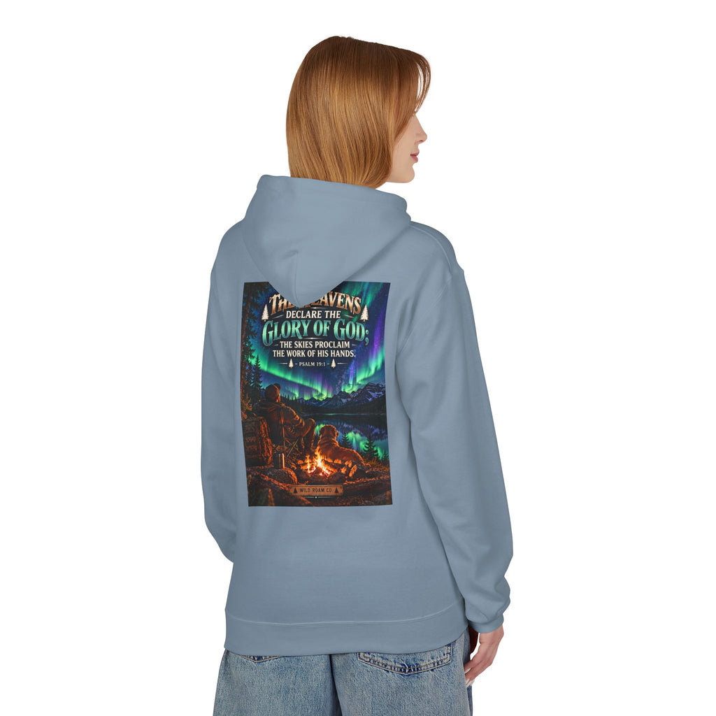 Men's Wilderness Campfire Hoodie — "The Heavens Declare" Scenic Christian Adventure Pullover