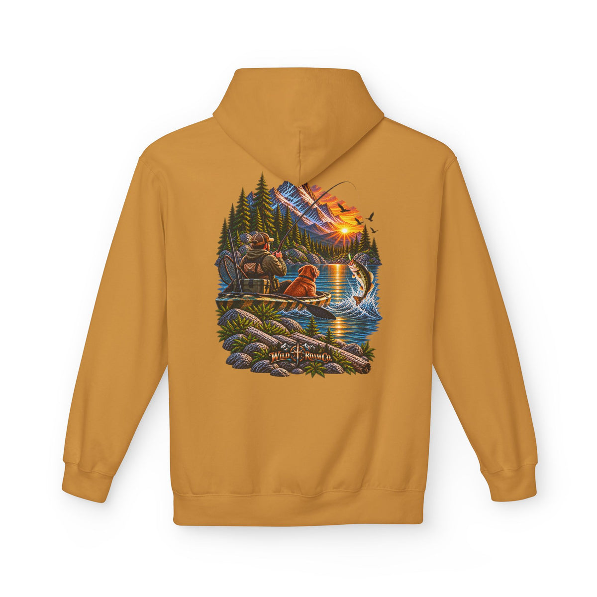 Wild Roam Co. Scenic Adventure Hoodie — "Wild Roam" Mountain & Lake Graphic