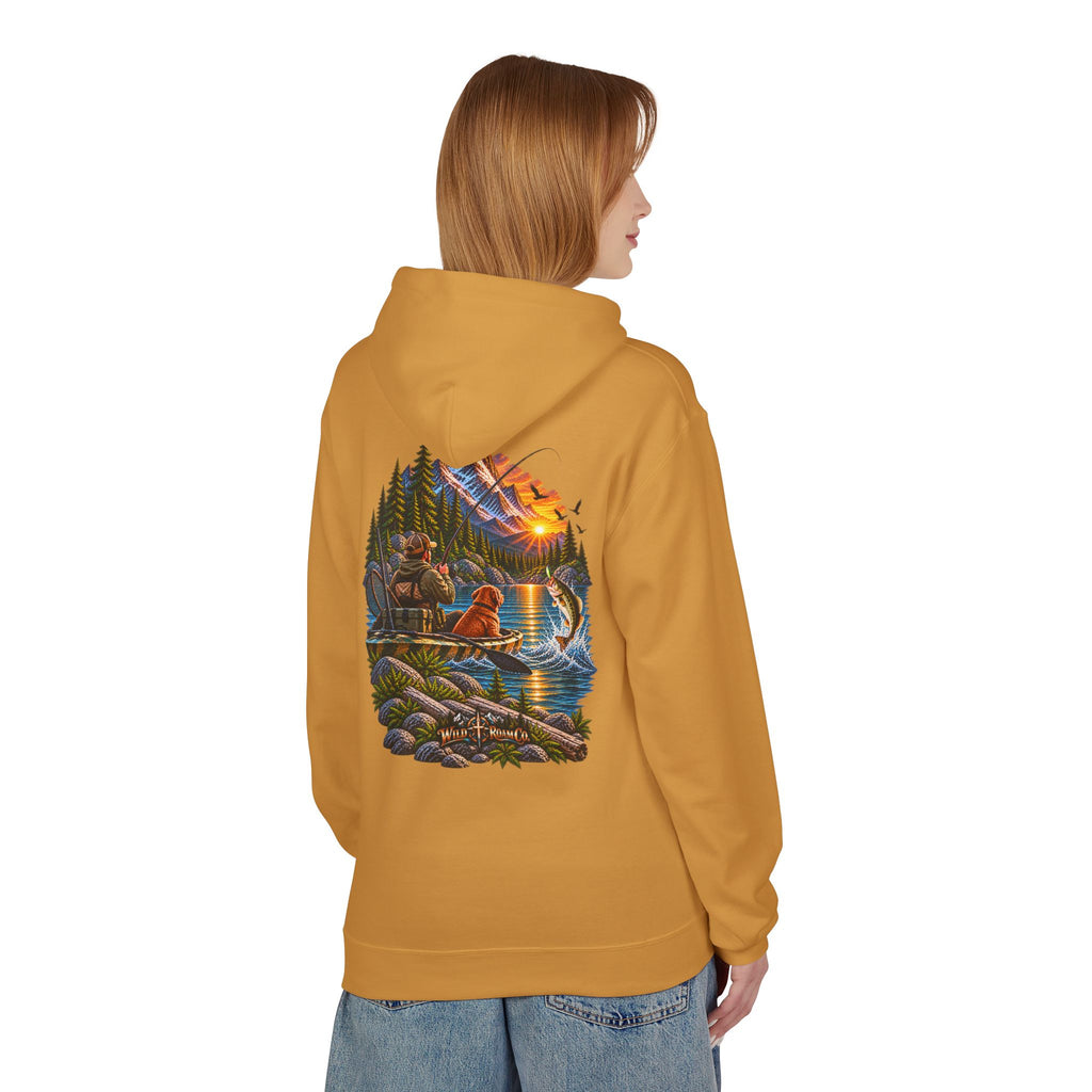Wild Roam Co. Scenic Adventure Hoodie — "Wild Roam" Mountain & Lake Graphic