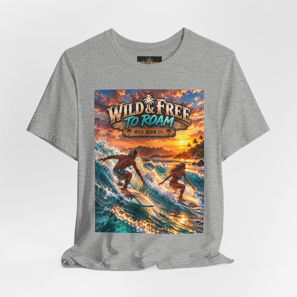 Surfing Sunset T‑Shirt — "Wild & Free to Roam" Beach Graphic Tee