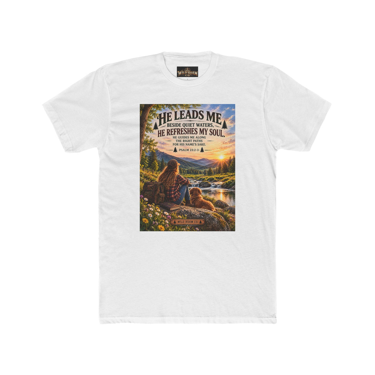 Women's Christian Shepherd Psalm T-Shirt — "He Leads Me Beside Quiet Waters" Scenic Faith Tee