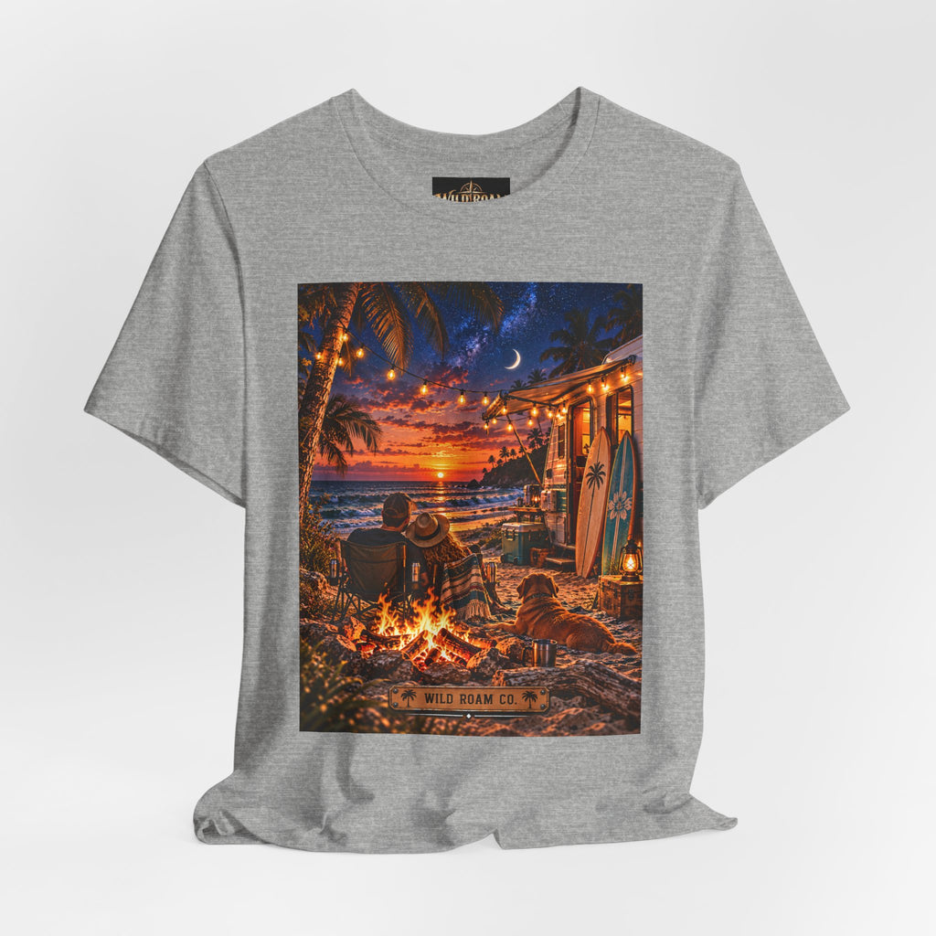 Beach Bonfire Sunset T-Shirt — Surfboard Campfire Coastal Graphic Tee