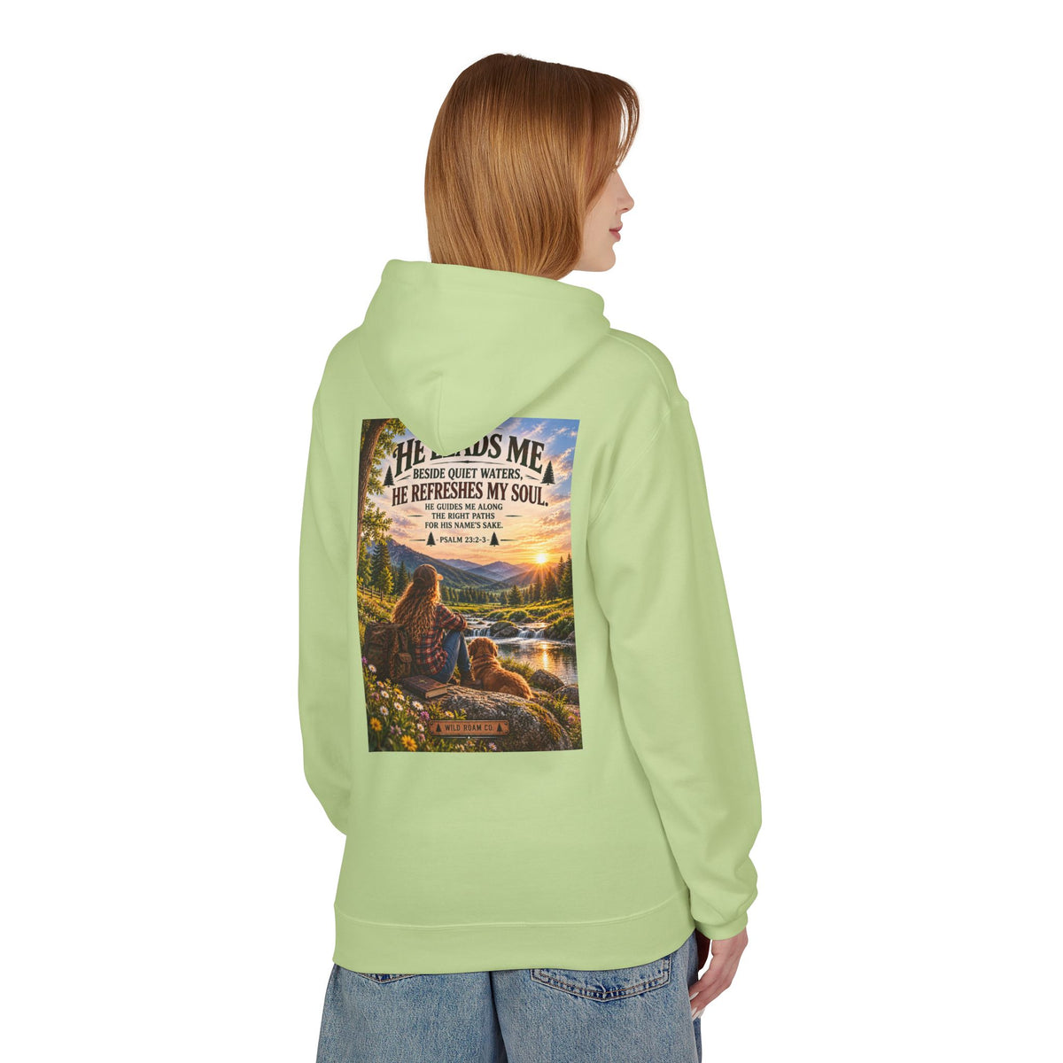Women's Wild Roam Co. Scenic Hoodie — "He Leads Me Beside Quiet Waters" Inspirational Nature Pullover