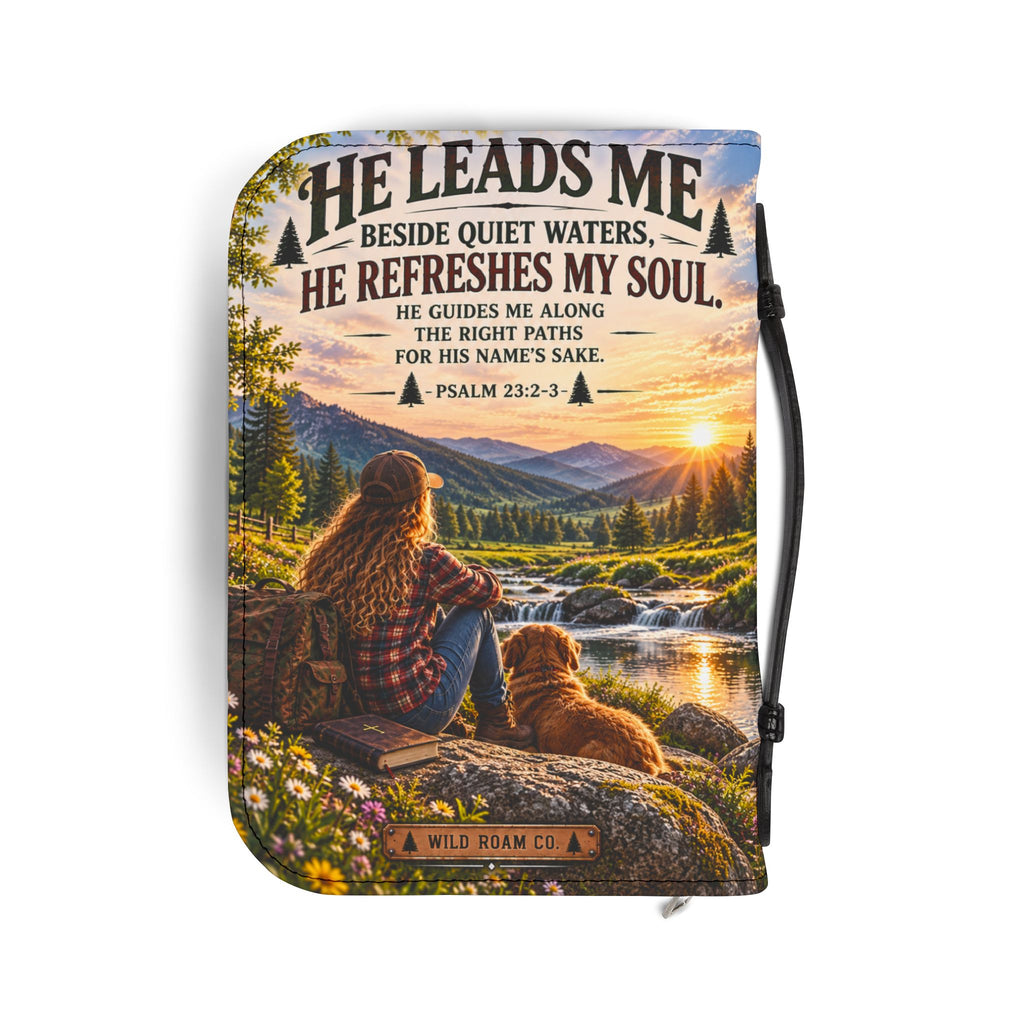 Men's Bible Cover — "He Leads Me Beside Quiet Waters" Psalm 23:2-3 Inspiring Outdoors Design