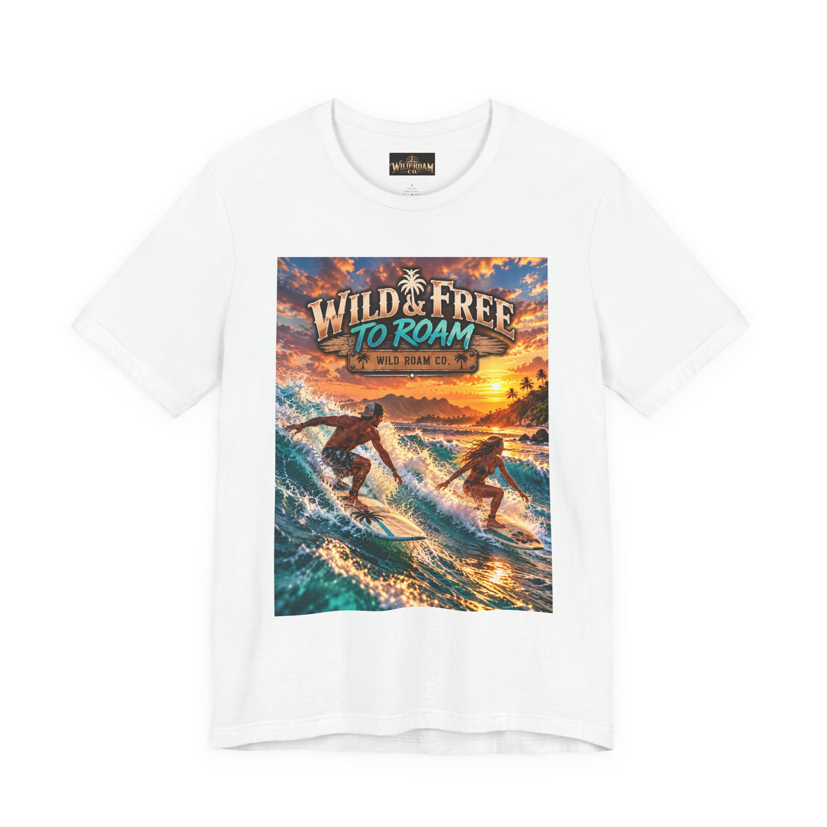 Surfing Sunset T‑Shirt — "Wild & Free to Roam" Beach Graphic Tee