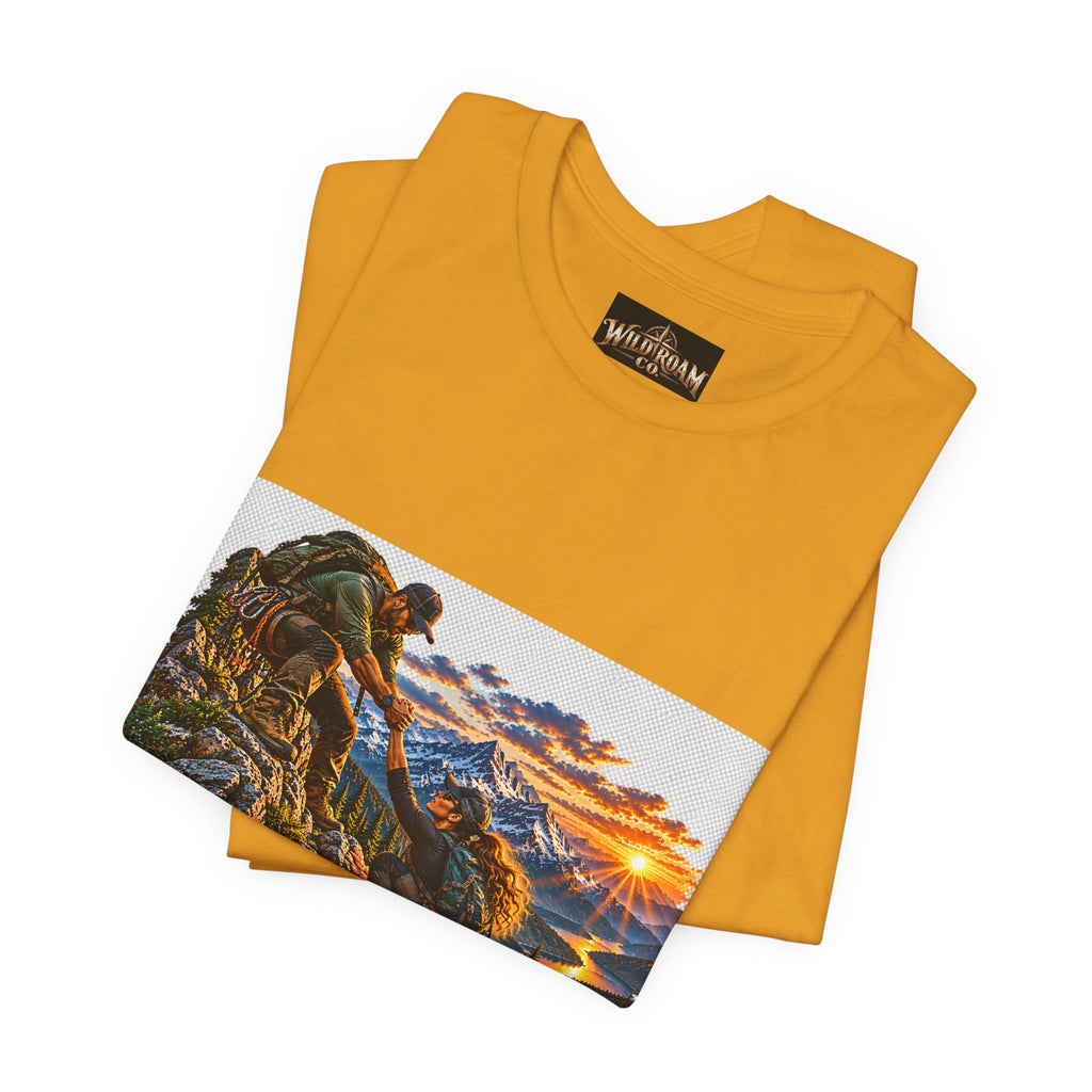 Couple Helping Hand Graphic Tee — Wild Roam Co. Mountain Climber Sunset T‑Shirt