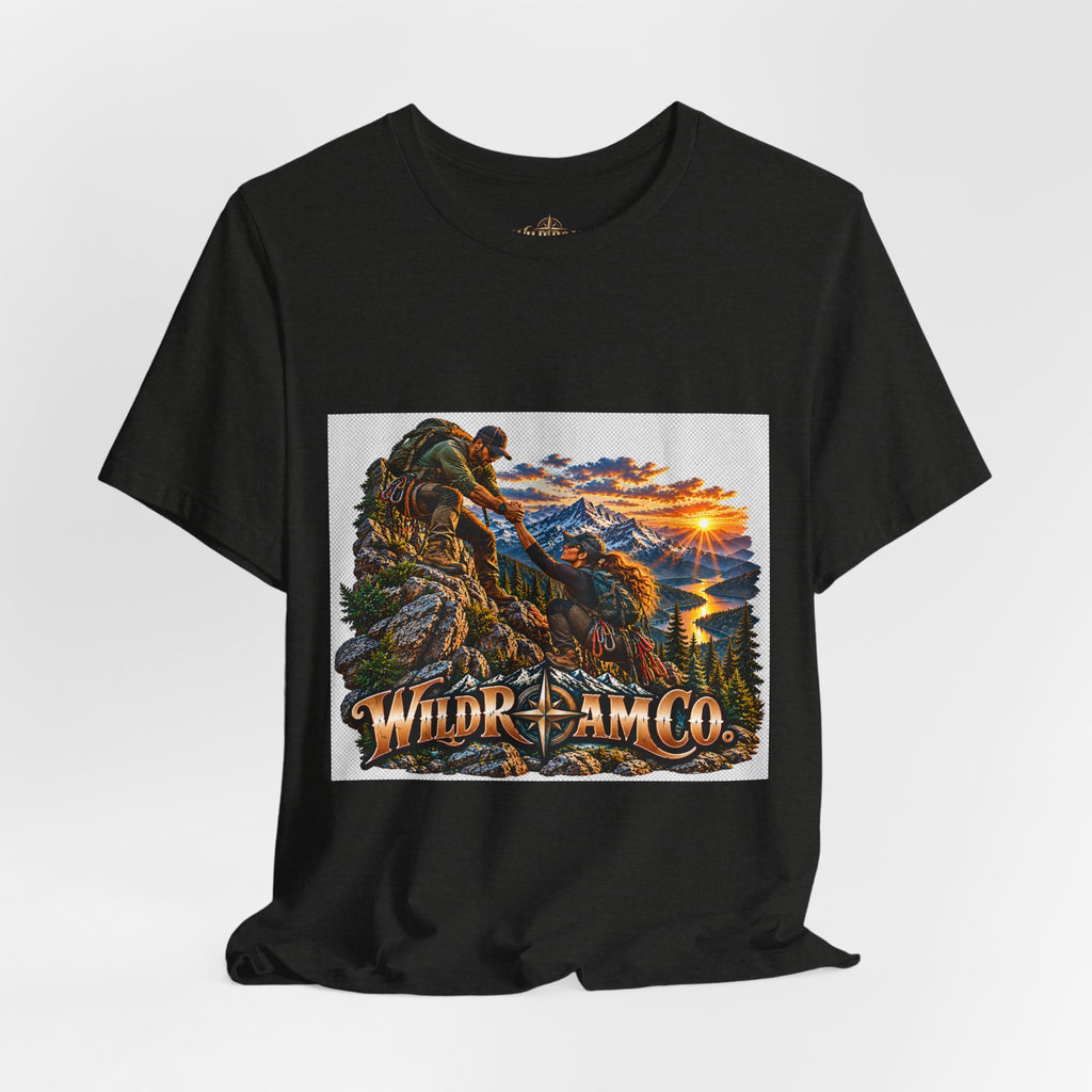 Couple Helping Hand Graphic Tee — Wild Roam Co. Mountain Climber Sunset T‑Shirt