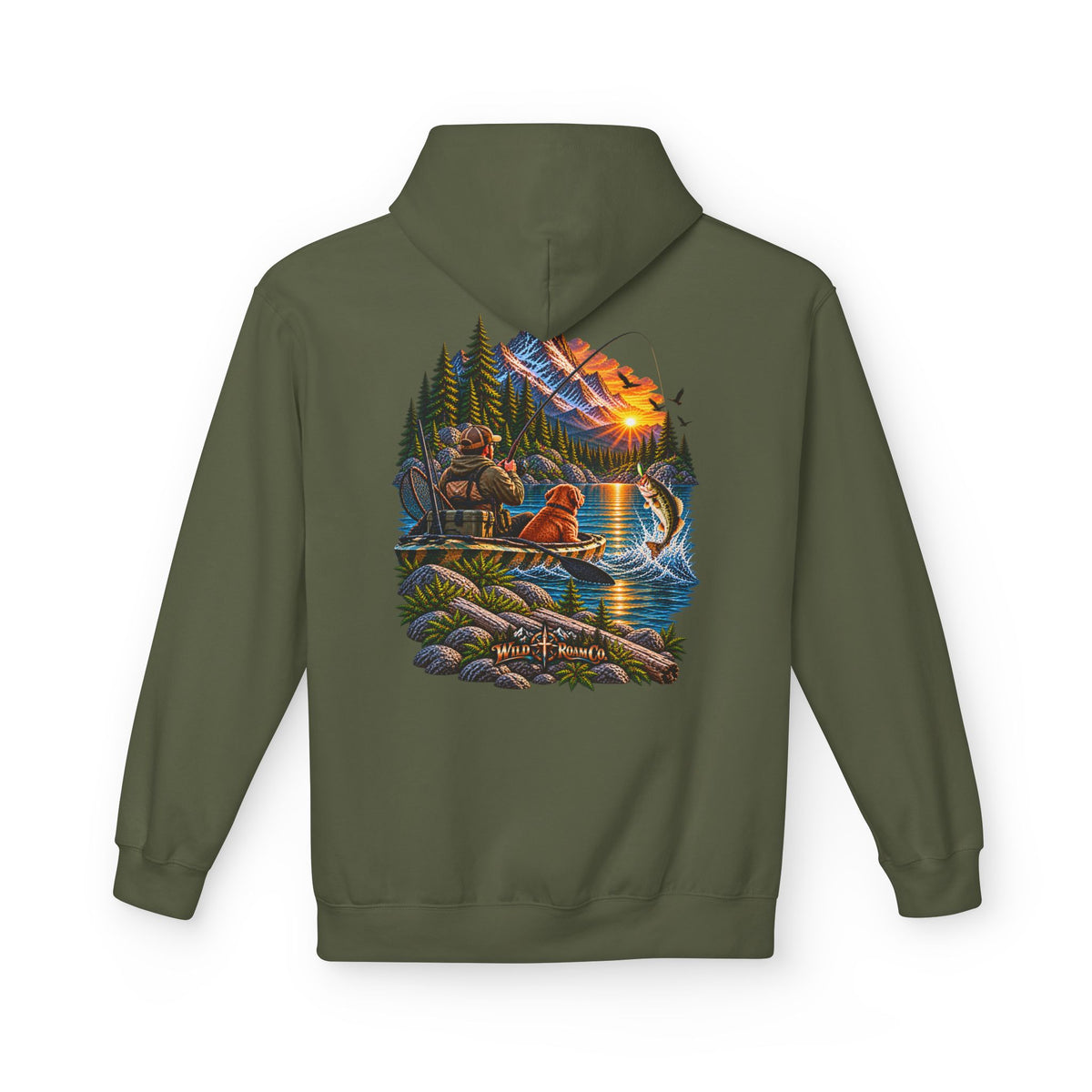 Wild Roam Co. Scenic Adventure Hoodie — "Wild Roam" Mountain & Lake Graphic
