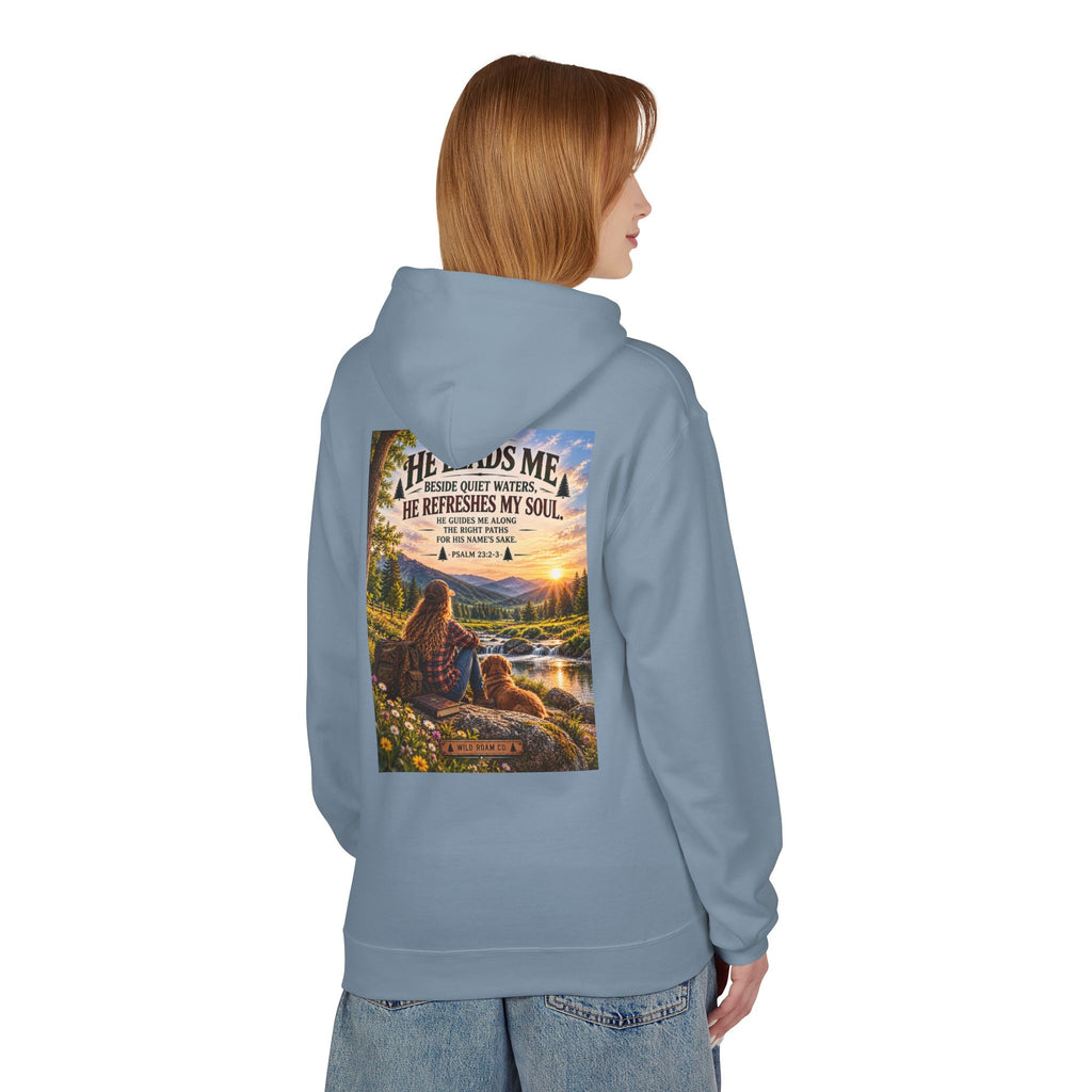Women's Wild Roam Co. Scenic Hoodie — "He Leads Me Beside Quiet Waters" Inspirational Nature Pullover