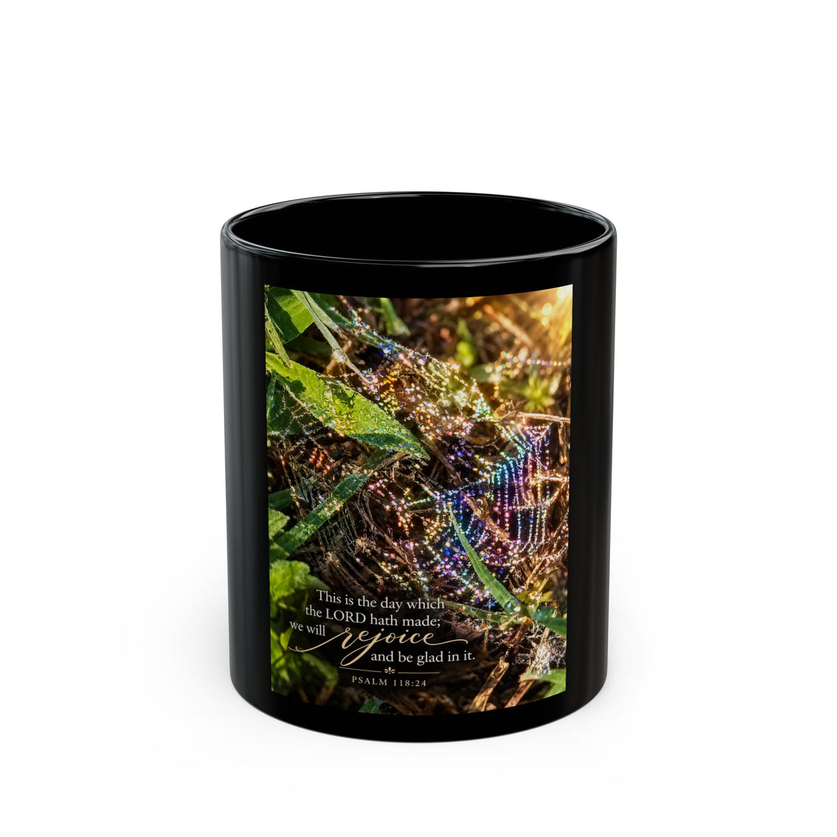 Inspirational Spiderweb Nature Mug — "This is the day the LORD has made; rejoice" (Black 11oz/15oz)
