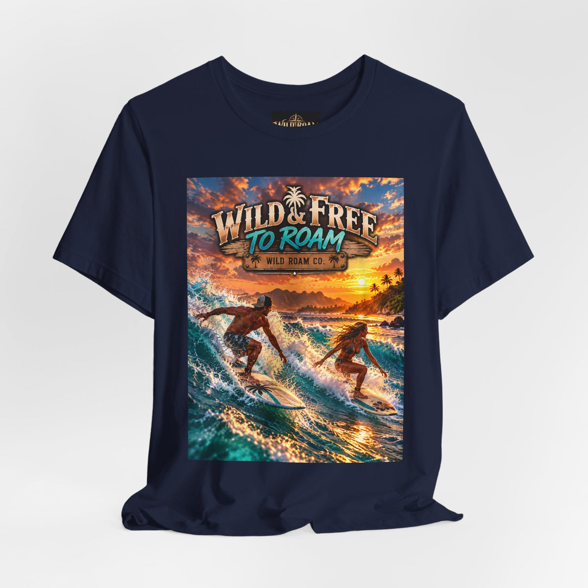 Surfing Sunset T‑Shirt — "Wild & Free to Roam" Beach Graphic Tee