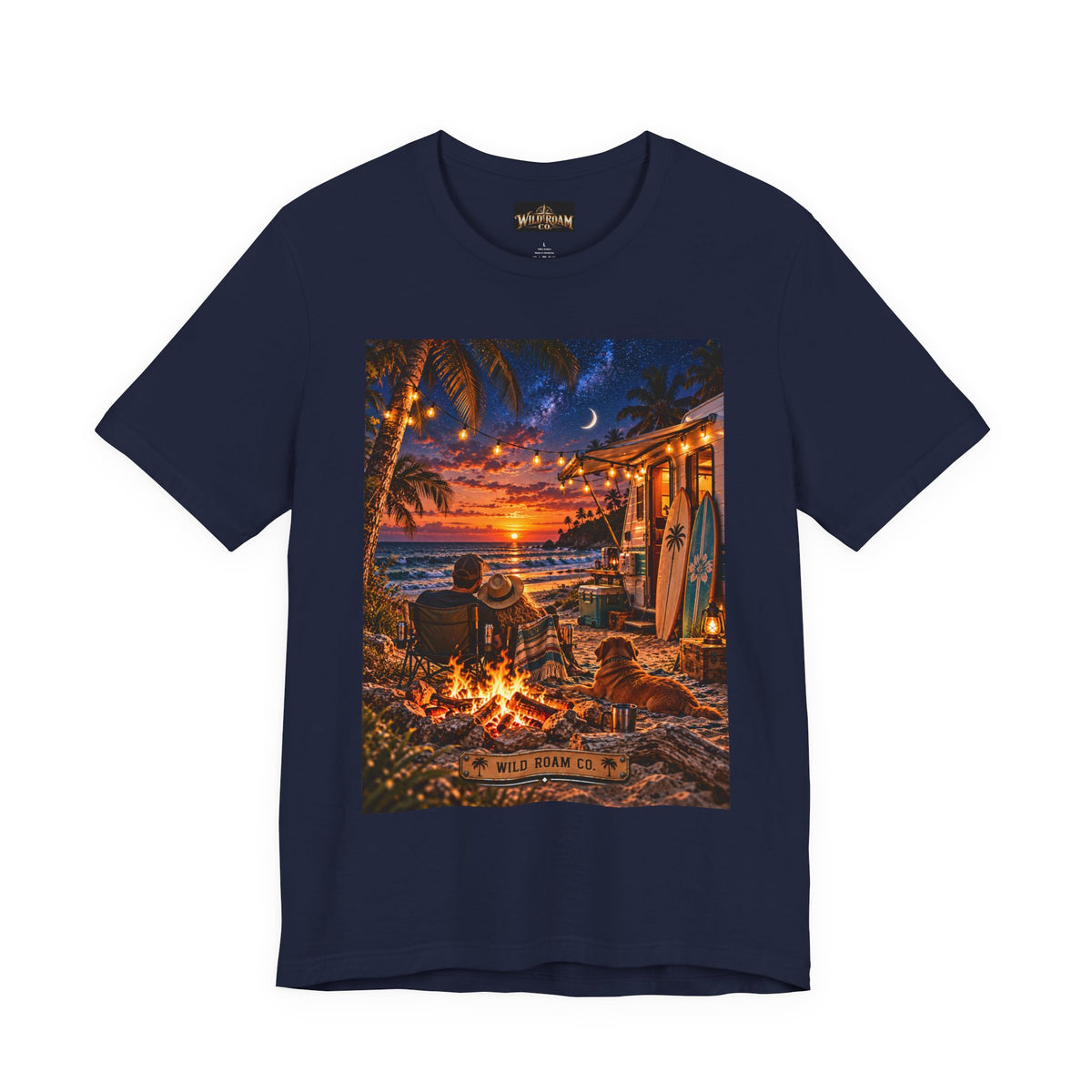 Beach Bonfire Sunset T-Shirt — Surfboard Campfire Coastal Graphic Tee
