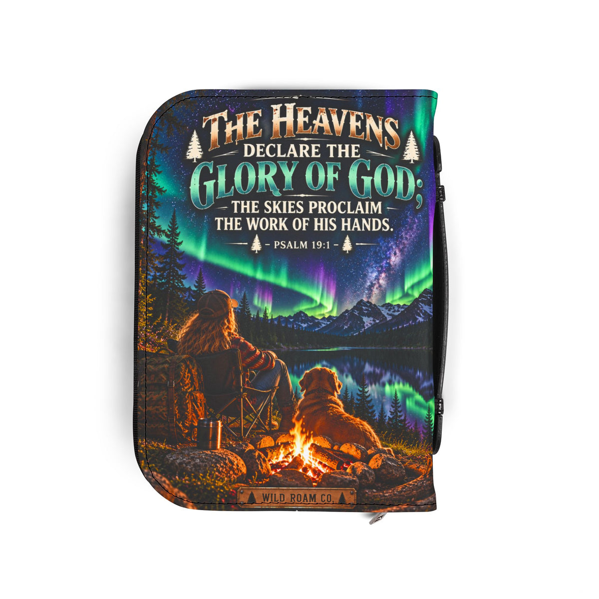 Women's Bible Cover — "The Heavens Declare the Glory of God" Aurora Camping Psalm 19:1 Zippered Bible Case