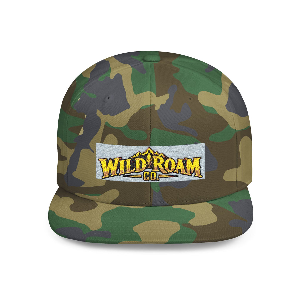 Wild Roam Co. Flat Bill Snapback Hat — Outdoor Adventure Logo Cap