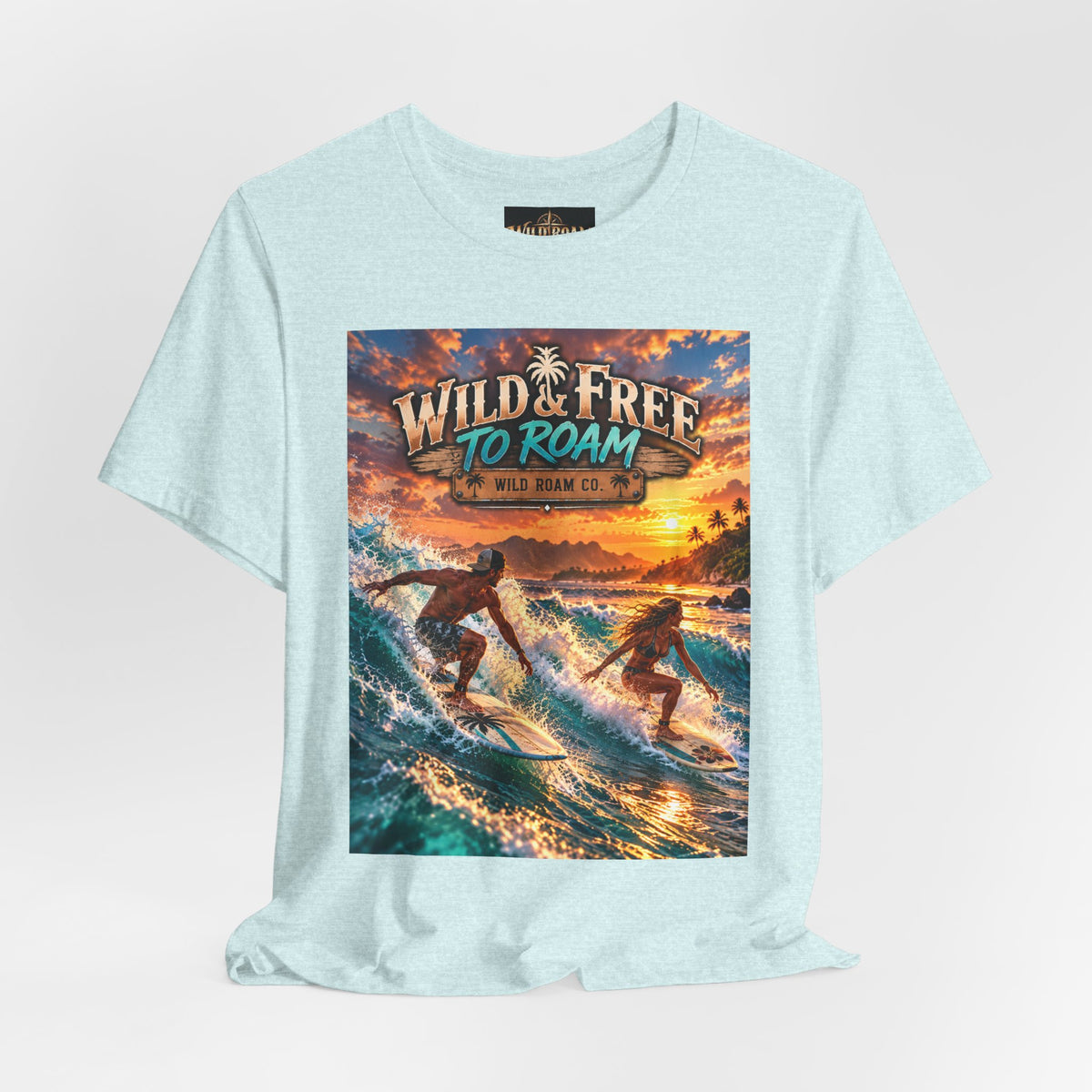 Surfing Sunset T‑Shirt — "Wild & Free to Roam" Beach Graphic Tee