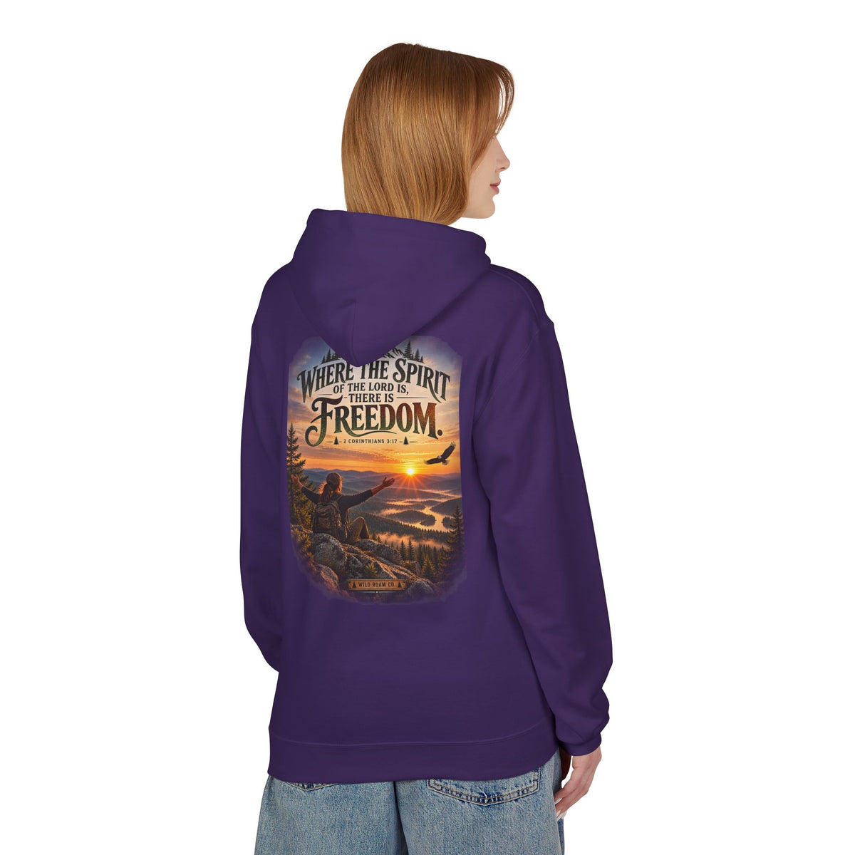 Women's Freedom Wilderness Hoodie — "Where the Spirit of the Lord is Freedom" Scenic Outdoor Pullover