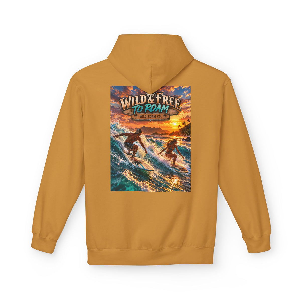 Surf Adventure Hoodie — "Wild & Free to Roam" Sunset Surf Graphic
