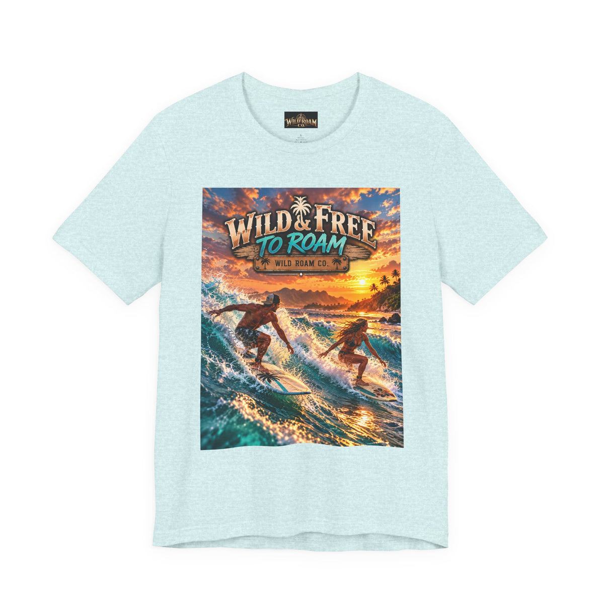 Surfing Sunset T‑Shirt — "Wild & Free to Roam" Beach Graphic Tee