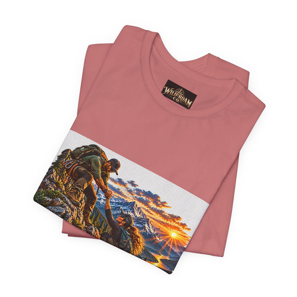 Couple Helping Hand Graphic Tee — Wild Roam Co. Mountain Climber Sunset T‑Shirt
