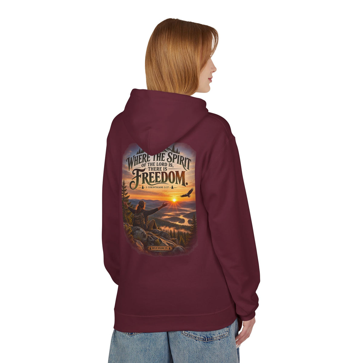 Women's Freedom Wilderness Hoodie — "Where the Spirit of the Lord is Freedom" Scenic Outdoor Pullover