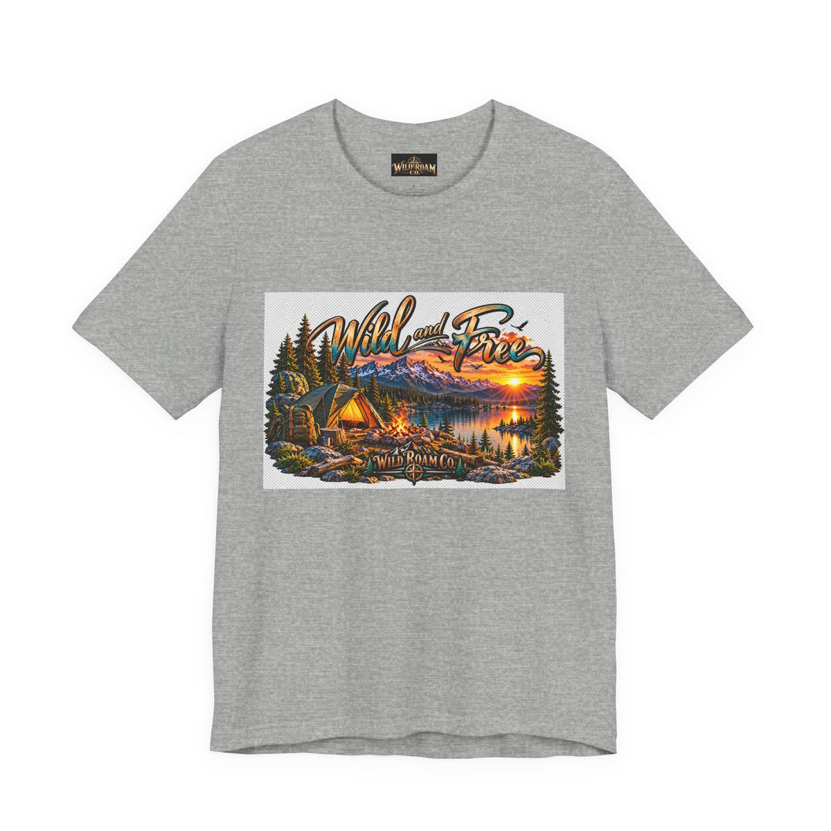 Wild and Free Camping T-Shirt — Mountain Lake Sunset Graphic Tee