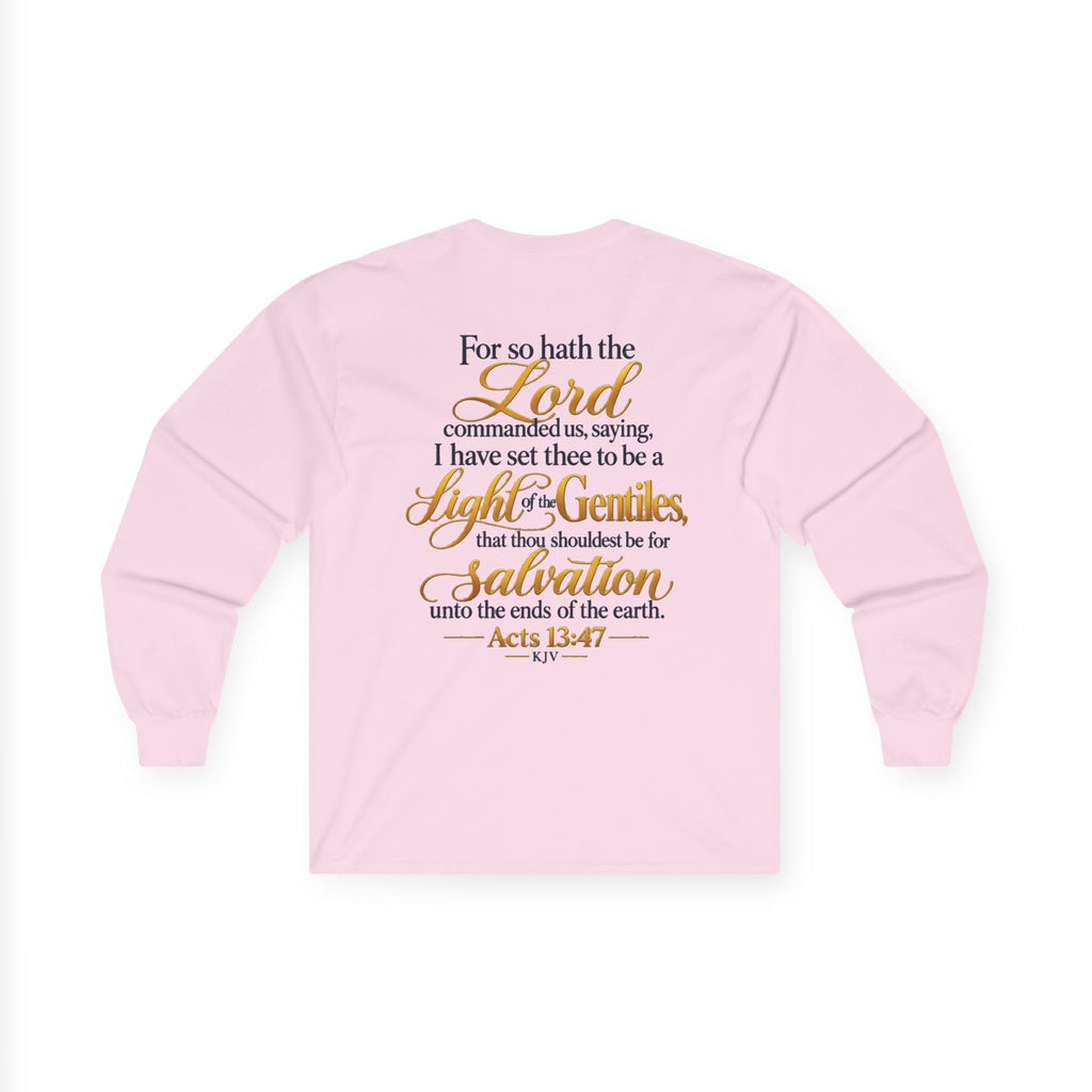 Long Sleeve Tee - "Wild + Roam Co." Faith Logo Sunset Graphic with Acts 13:47 Scripture Back