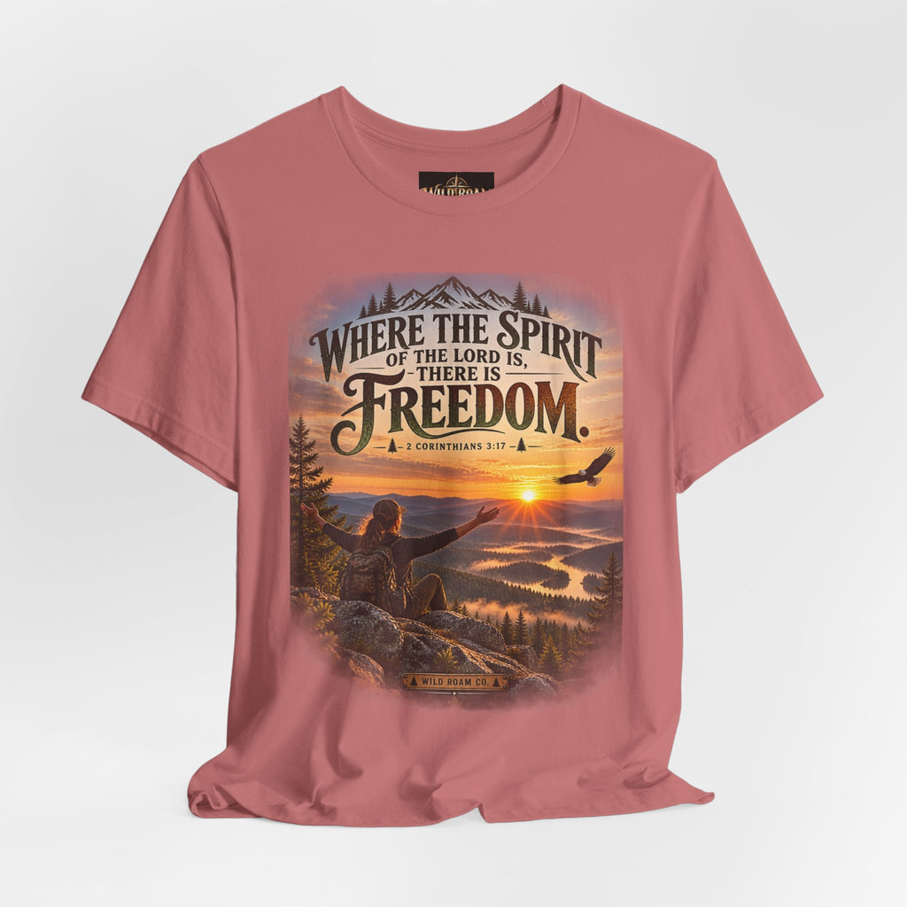 Women's Freedom Sunrise Tee — "Where the Spirit of the Lord is, there is Freedom" Christian T‑Shirt