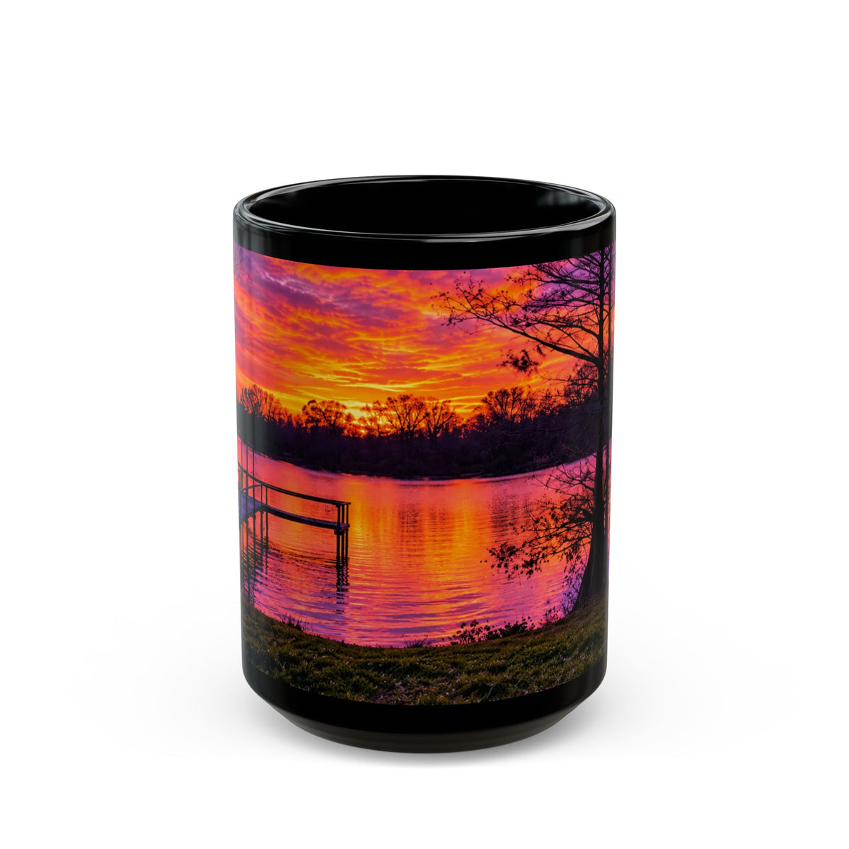 Sunset Lake Black Mug — Vibrant Purple-Orange Scenic Coffee Cup (11oz, 15oz)