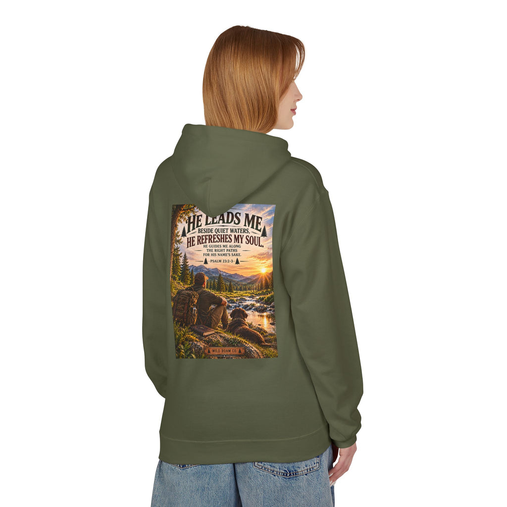 Men's Hoodie — "He Leads Me" Scenic Christian Outdoors Hoodie