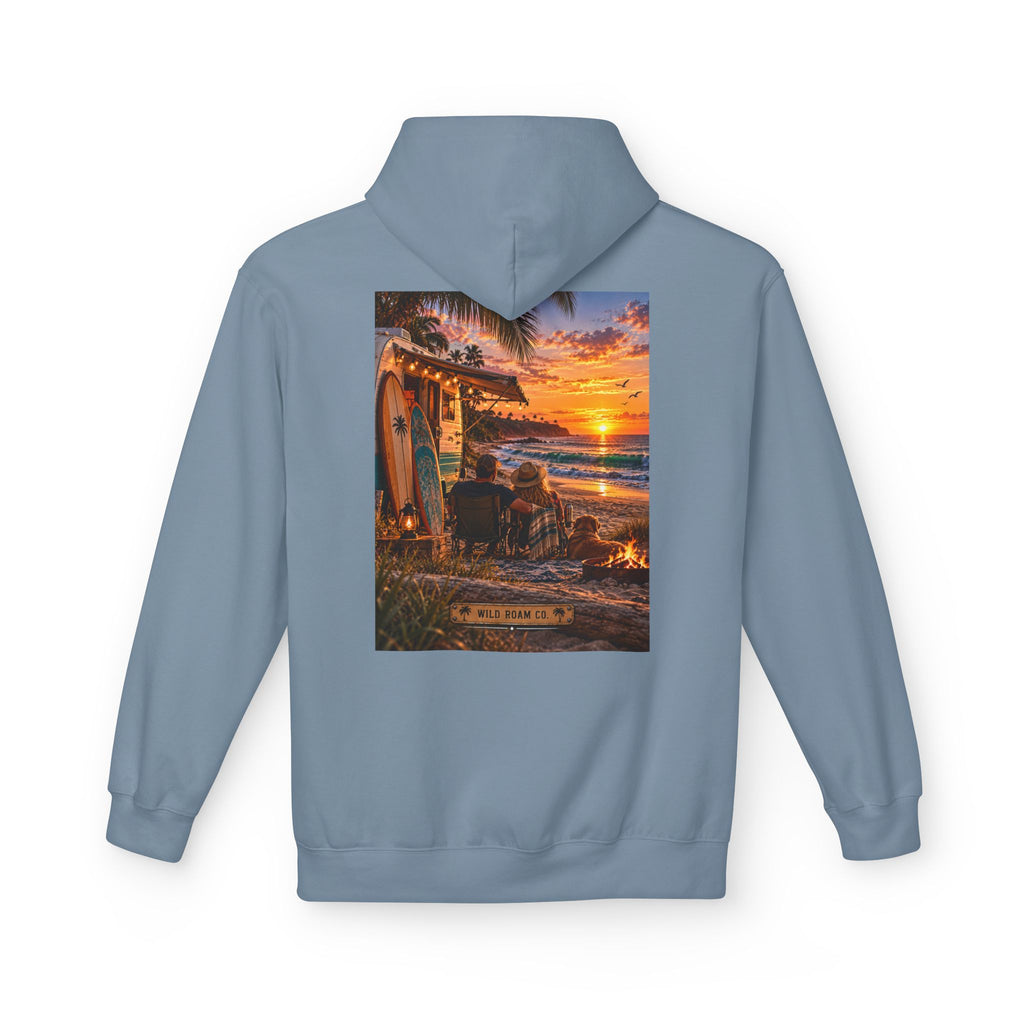 Wild Roam Co Hoodie--Surf Sunset Graphic Hoodie (Beach Sunset Surf Shack Design)