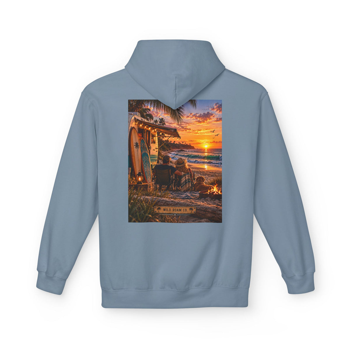 Wild Roam Co Hoodie--Surf Sunset Graphic Hoodie (Beach Sunset Surf Shack Design)