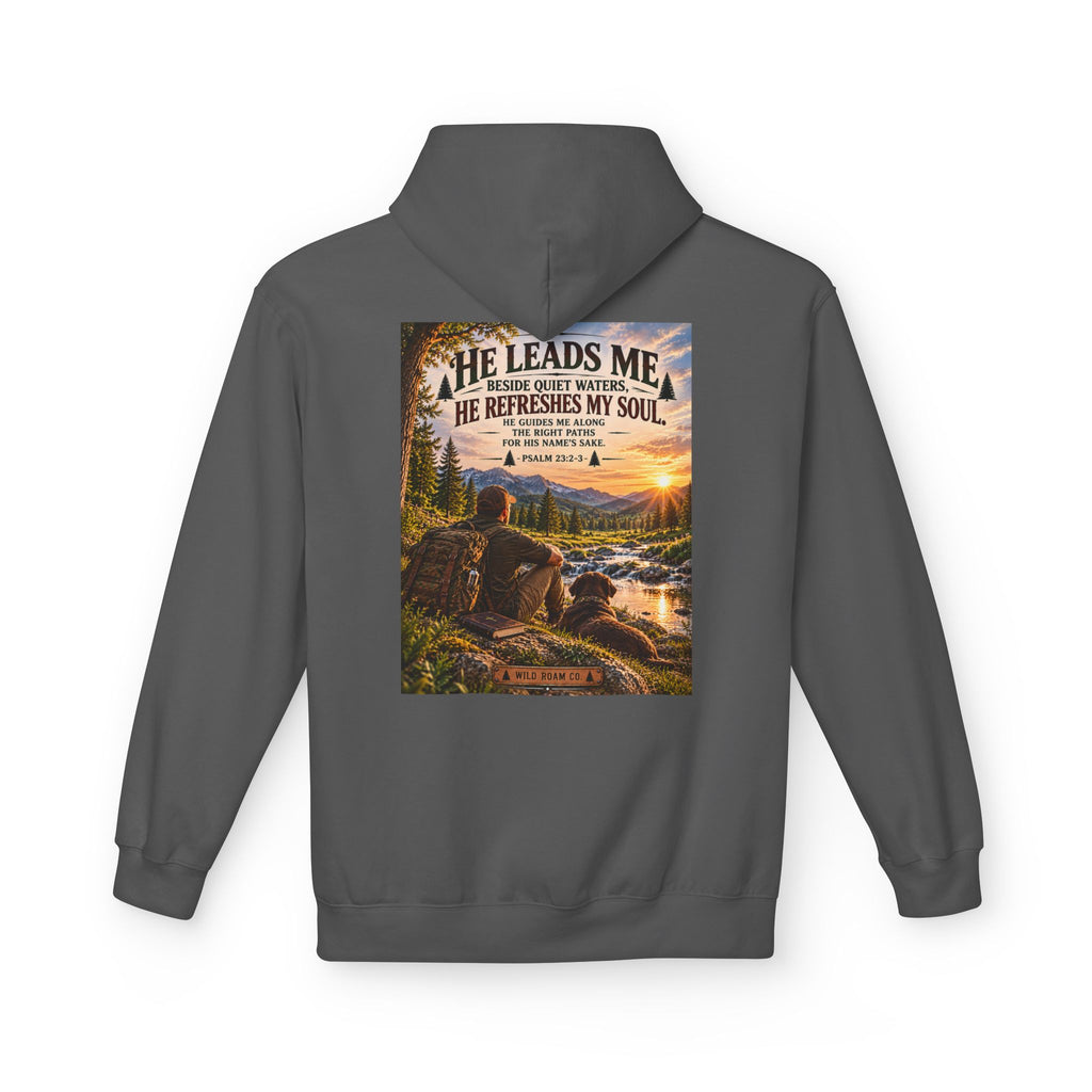 Men's Hoodie — "He Leads Me" Scenic Christian Outdoors Hoodie
