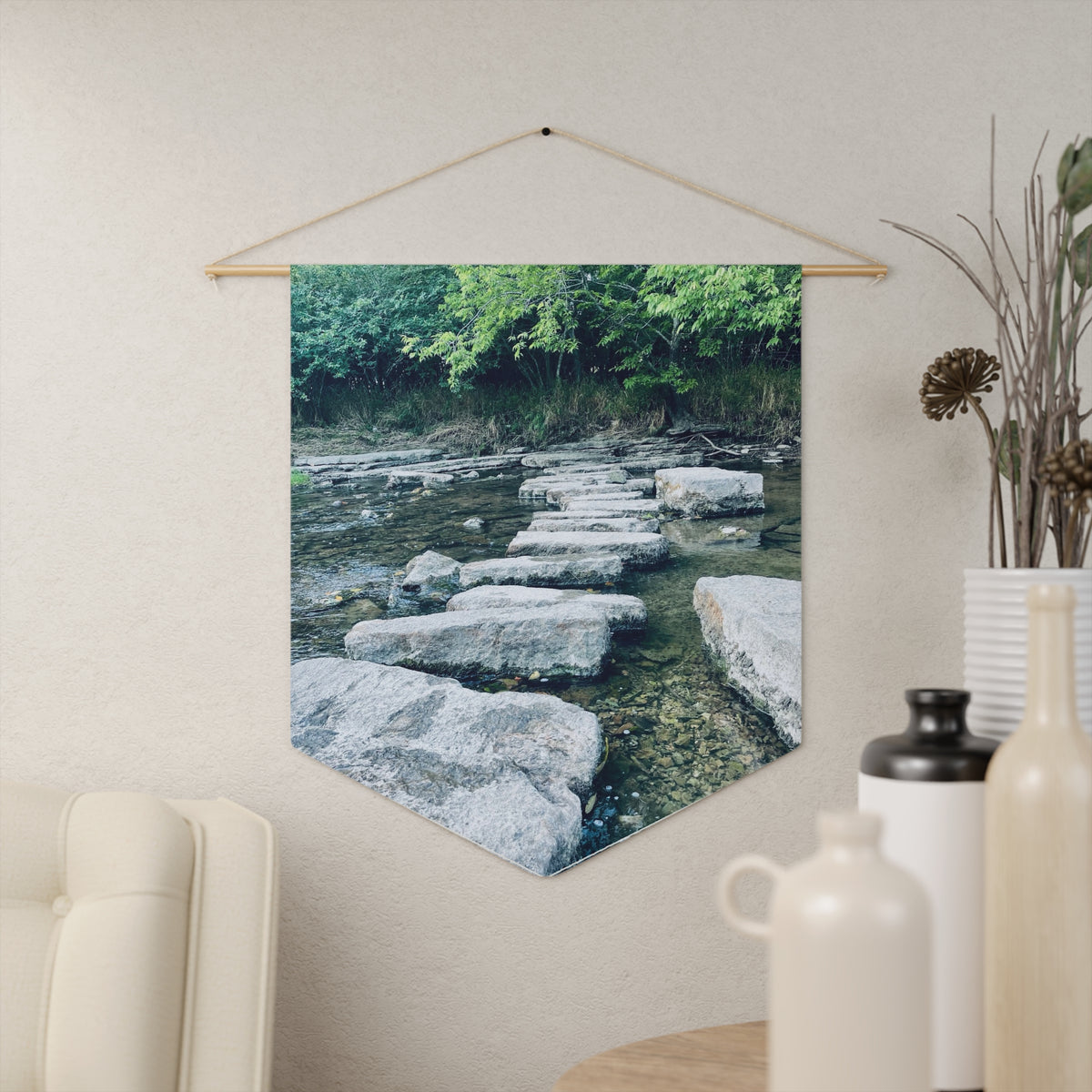 River Stepping Stones Pennant — Nature Wall Banner for Home, Cabin & Outdoor Lovers