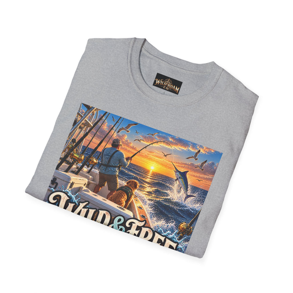 Wild & Free to Roam Fishing T-Shirt — Ocean Sunset Angler Tee