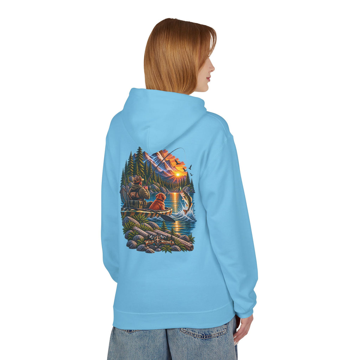 Wild Roam Co. Scenic Adventure Hoodie — "Wild Roam" Mountain & Lake Graphic